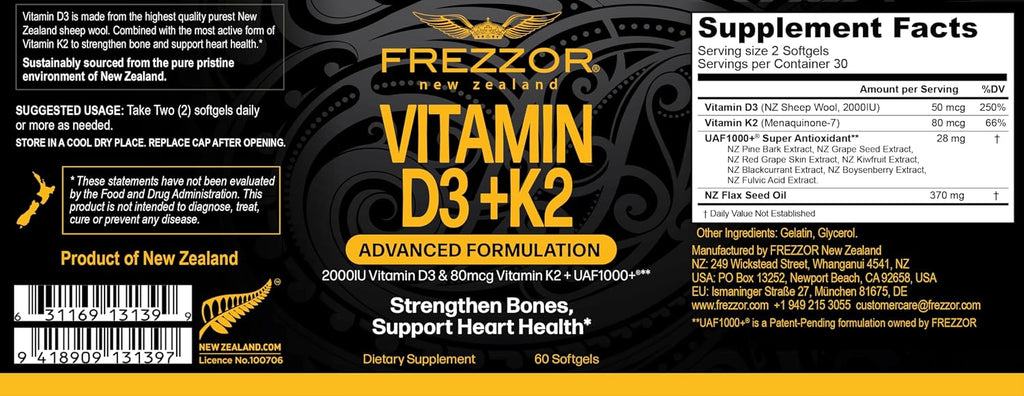 FREZZOR Vitamina D3 y K2, 2000UI D3 + 80mcg K2 MK-7, 180 Cápsulas Blandas (3 Meses)