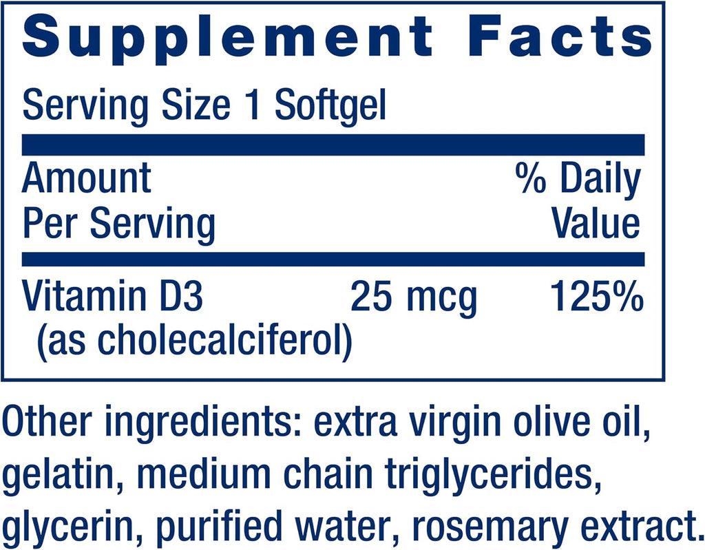 Life Extension Vitamina D3 25 mcg (1000 UI), 90 Cápsulas Blandas