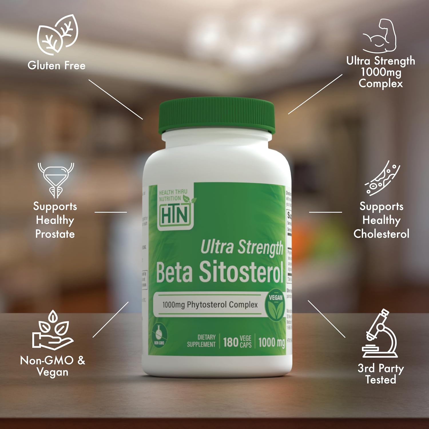 Health Thru Nutrition Ultra Strength Beta Sitosterol | 1000mg Fitoesteroles Complejo 400mg Beta | No Transgénico Vegano (180 Cápsulas)