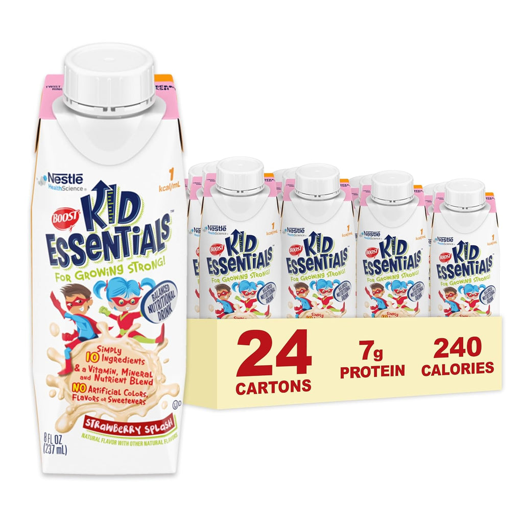 BOOST Kid Essentials 1.0kcal Bebida Nutricional Equilibrada para Niños, Sabor Fresa, 8 fl oz (Pack de 24)