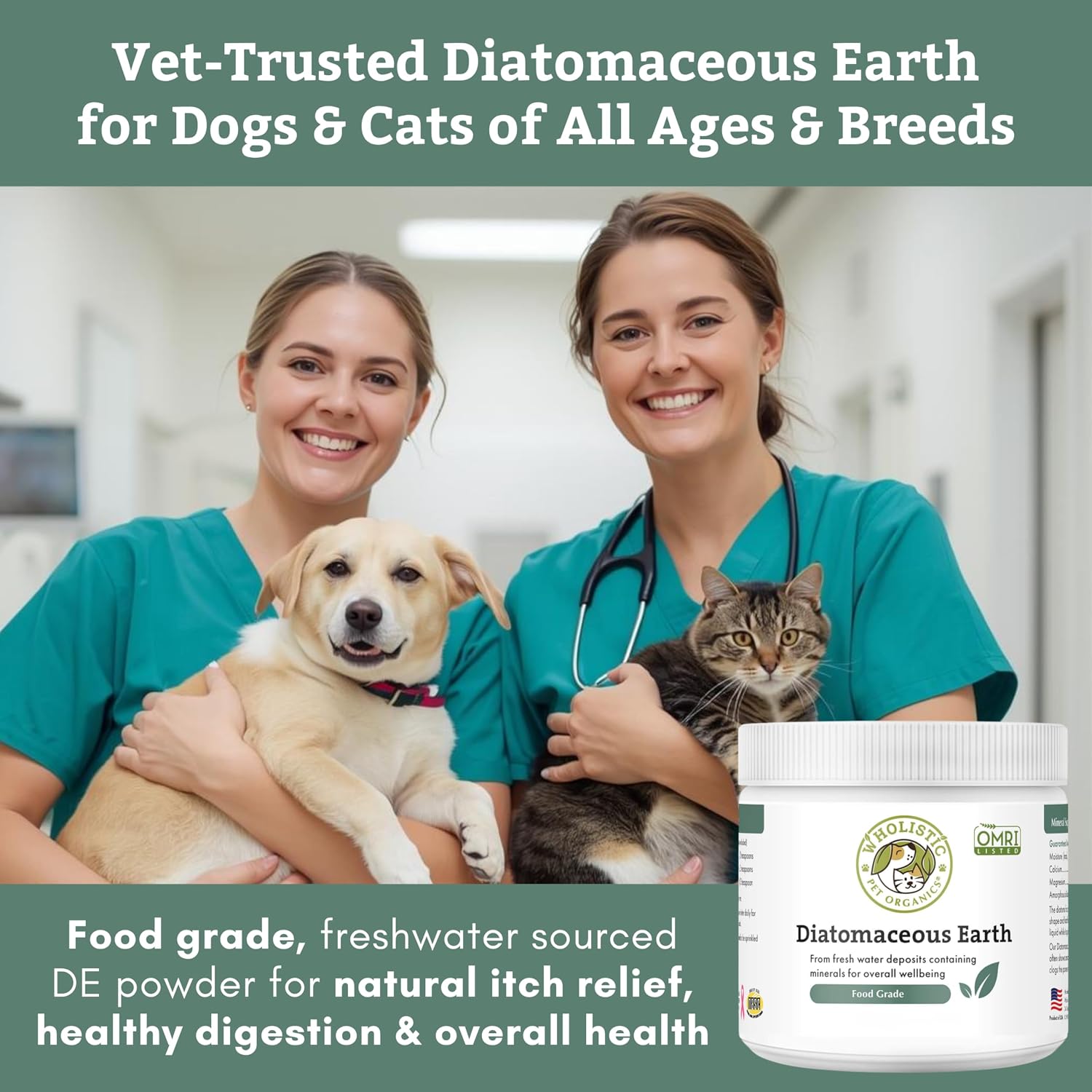 Wholistic Pet Organics Tierra de Diatomeas Grado Alimenticio para Perros y Gatos - 370g (13 oz) - Polvo Multiuso