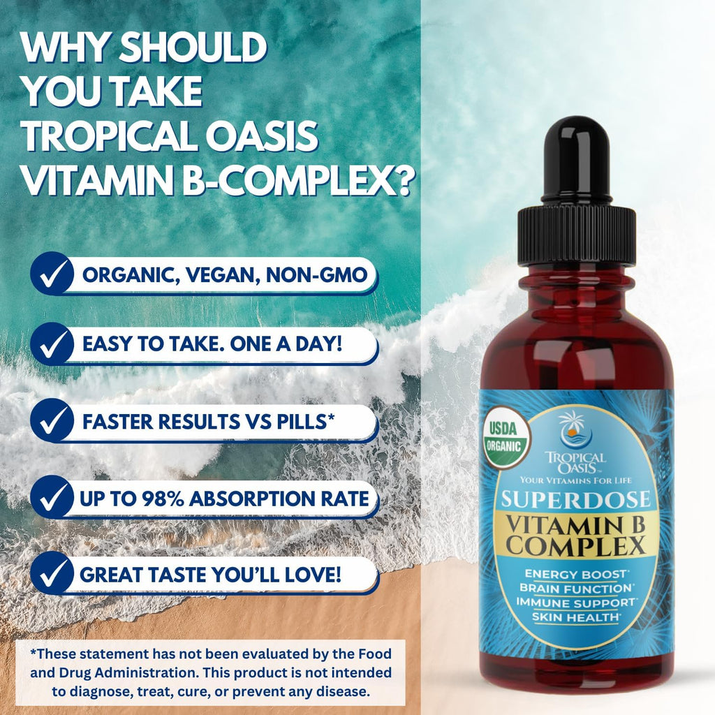Superdose Complex B Orgánico en Gotas Líquidas - 125,000% DV Vitamina B12, B6, Biotina, Niacina, Folato - Energía, Salud Cerebral, Soporte Inmunológico - USDA Orgánico, Vegano, Sin OMG | 60 Porciones, 2 Meses