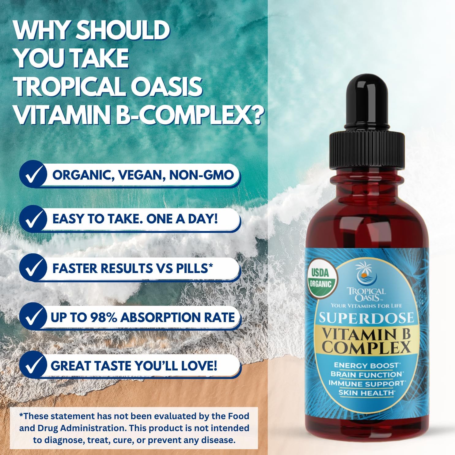 Superdose Complex B Orgánico en Gotas Líquidas - 125,000% DV Vitamina B12, B6, Biotina, Niacina, Folato - Energía, Salud Cerebral, Soporte Inmunológico - USDA Orgánico, Vegano, Sin OMG | 60 Porciones, 2 Meses