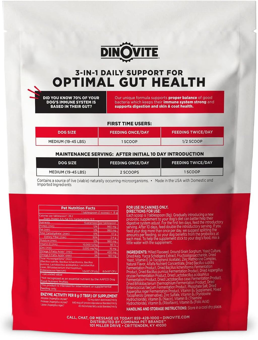 Dinovite Probióticos para Perros - Complemento en Polvo para Perros Medianos (18-45 lb) - Salud Digestiva y Piel con Omega-3, 30 Dosis