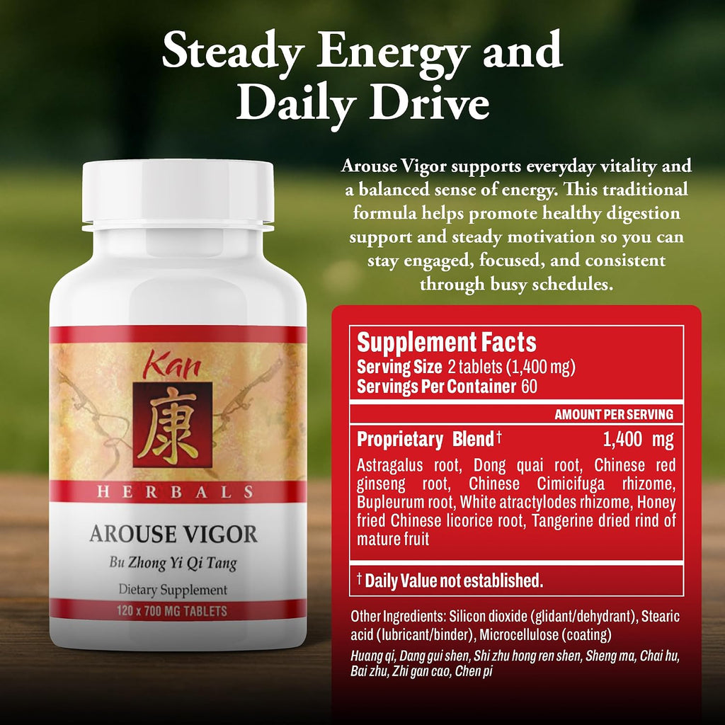 Kan Herb Company Arouse Vigor – Fórmula herbal tradicional con astrágalo, ginseng, atractilodes y cáscara de mandarina – 120 comprimidos