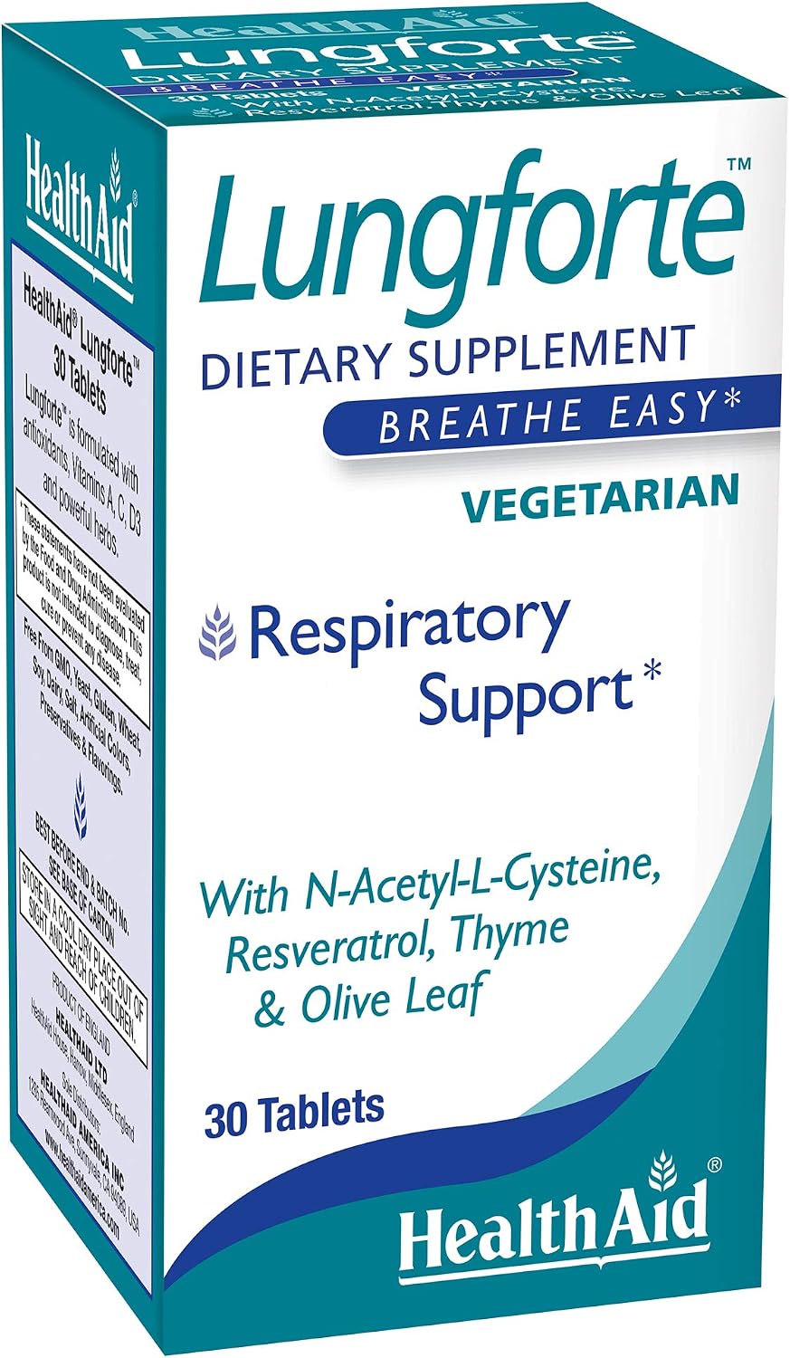 HealthAid LungForte 30 Comprimidos – Apoyo Pulmonar Antioxidante con NAC, Resveratrol, Aceite de Oliva, Tomillo y Vitaminas A, C y D3
