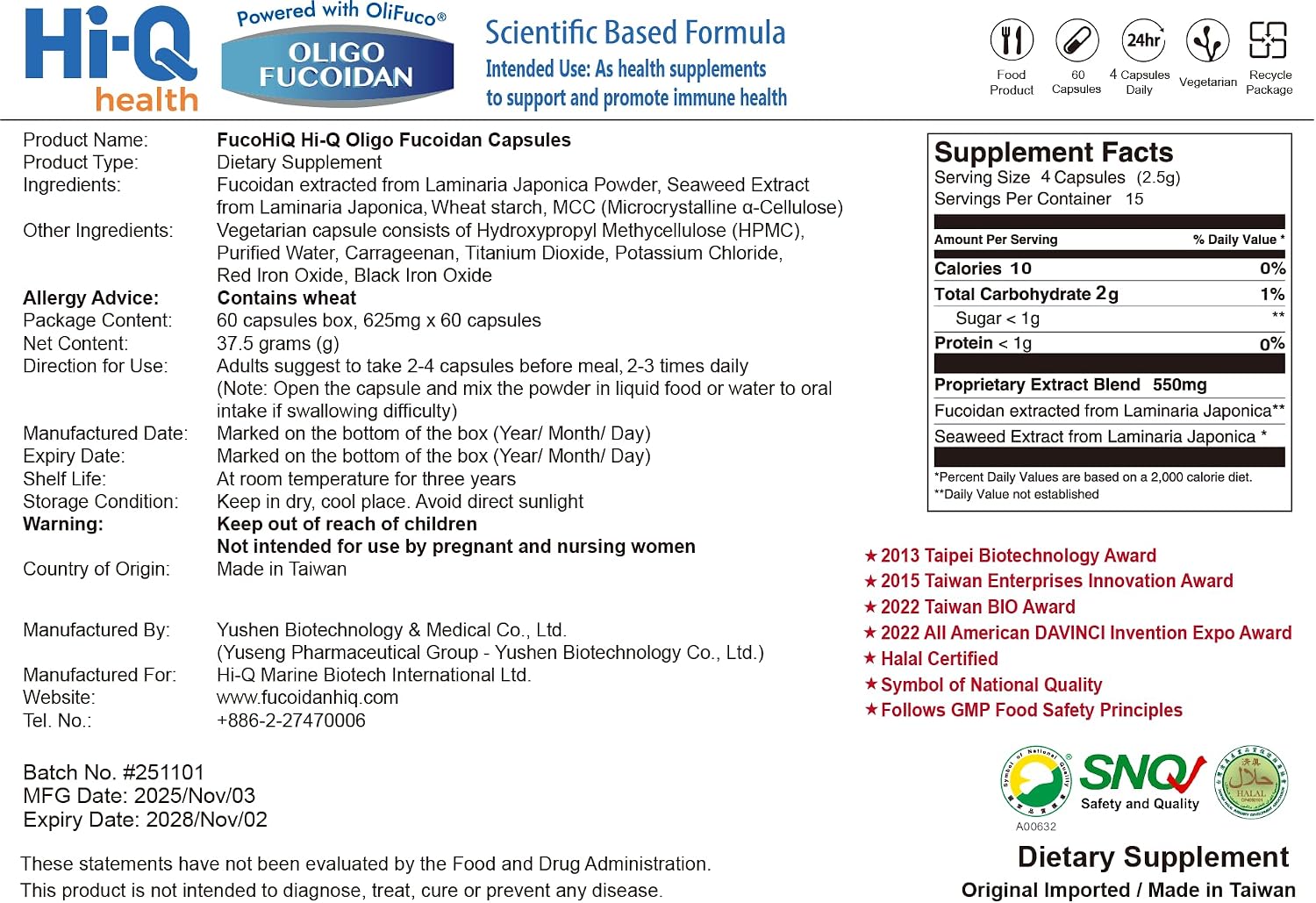 ONCOFUCO Cápsulas de Fucoidan - Extracto de Algas Marinas, 60 Cápsulas Vegetales