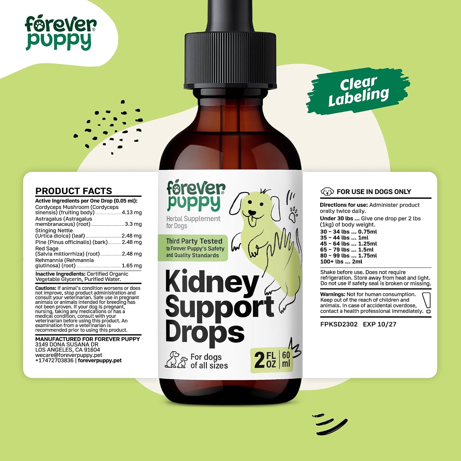 Forever Puppy Kidney Support Drops - Gotas de Apoyo Renal para Perros - Cordyceps, Astrágalo y Ortiga - 60 ml