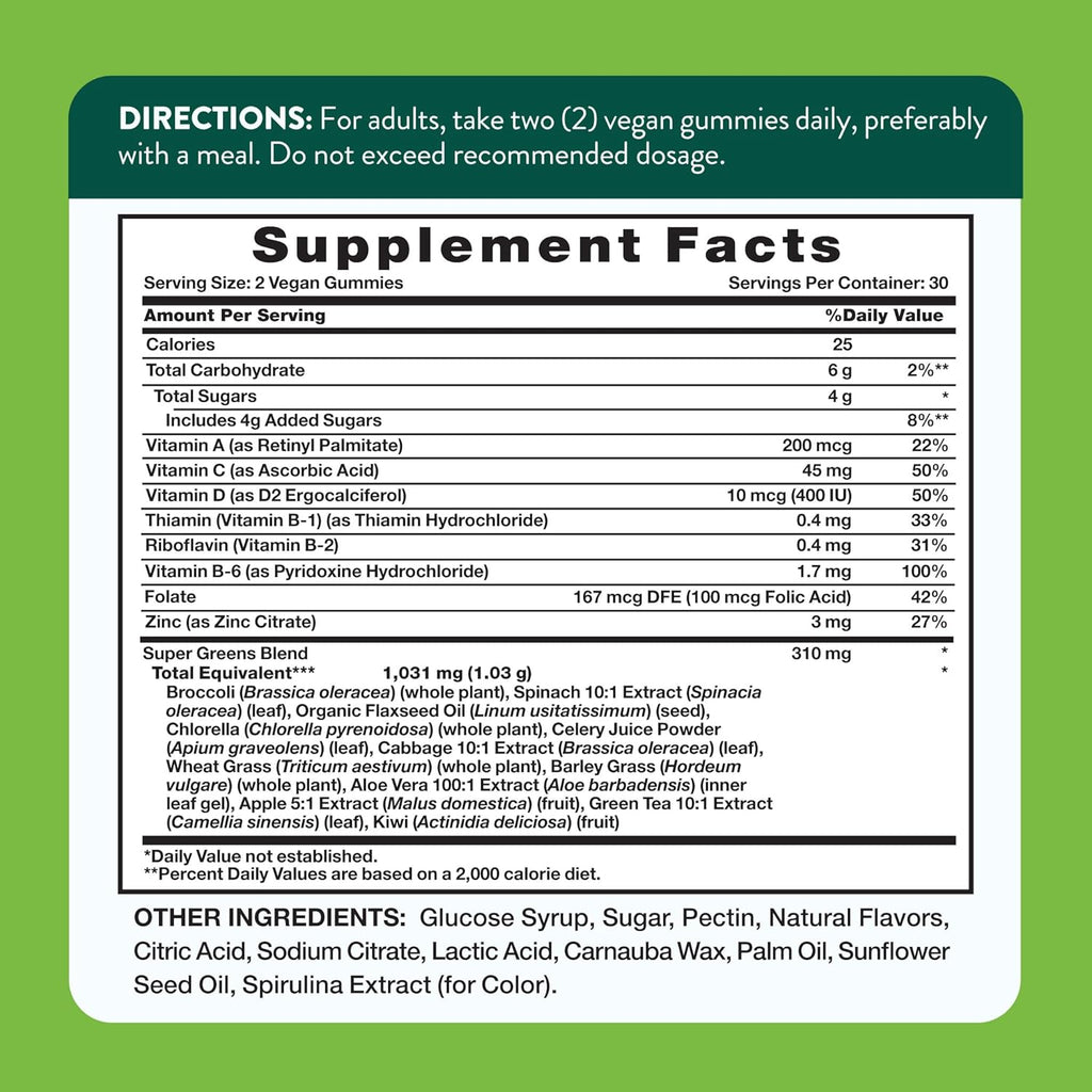 Nature's Truth Super Greens Gummies | 60 uds | Vegano y sin OMG | Con verduras reales | Sabor a manzana