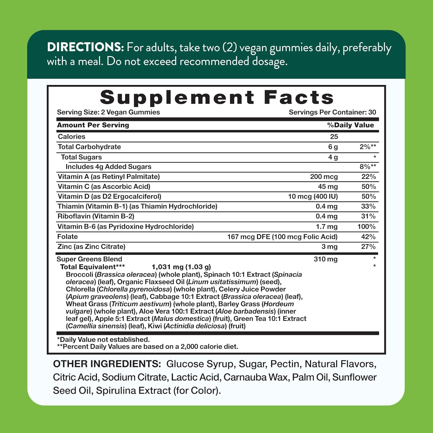 Nature's Truth Super Greens Gummies | 60 uds | Vegano y sin OMG | Con verduras reales | Sabor a manzana