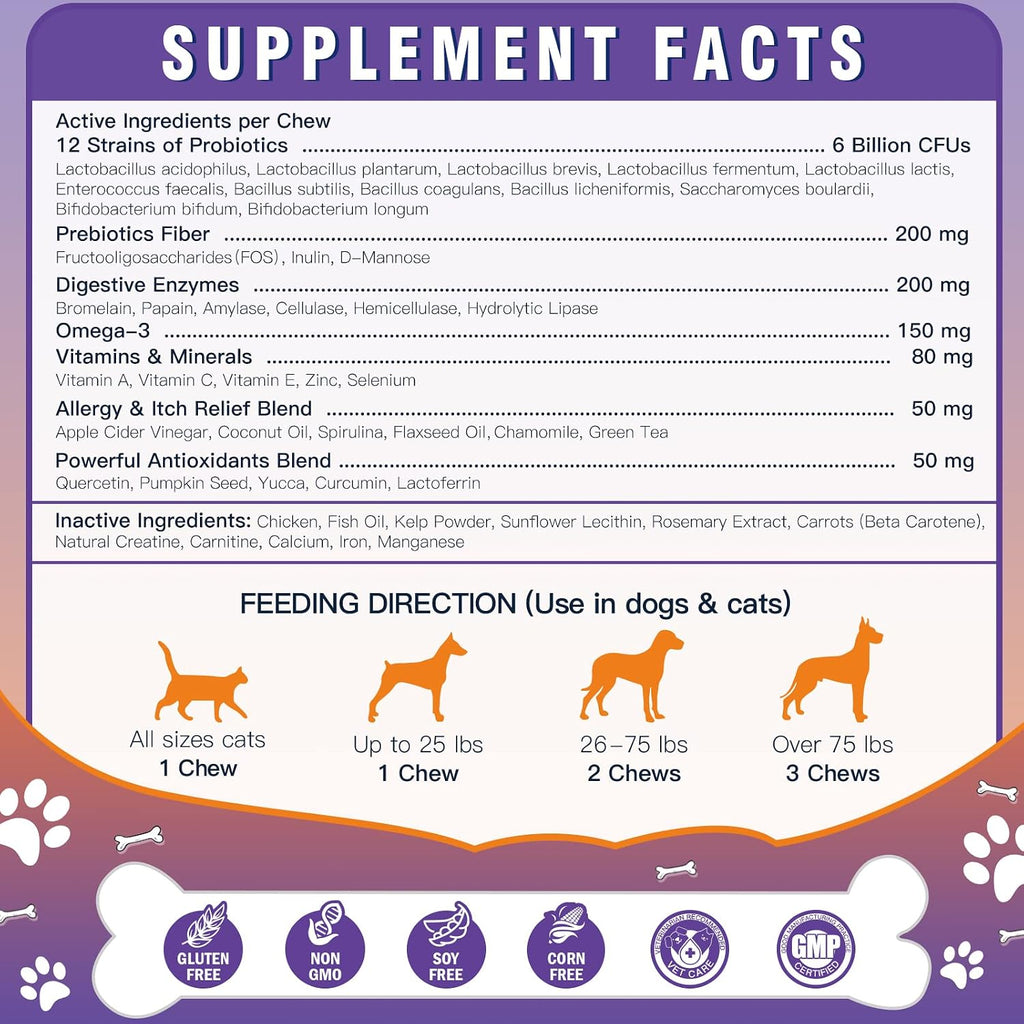 Probióticos para Perros Liofilizados con Enzimas Digestivas y Omega-3, 120 Bocados