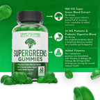 Supergreens Gummies - Complemento Diario de Superalimentos Verdes con Espinacas, Brócoli, Moringa, Remolacha, Apio, Té Verde y Acai - Sabor Frambuesa Natural, 60 Gominolas
