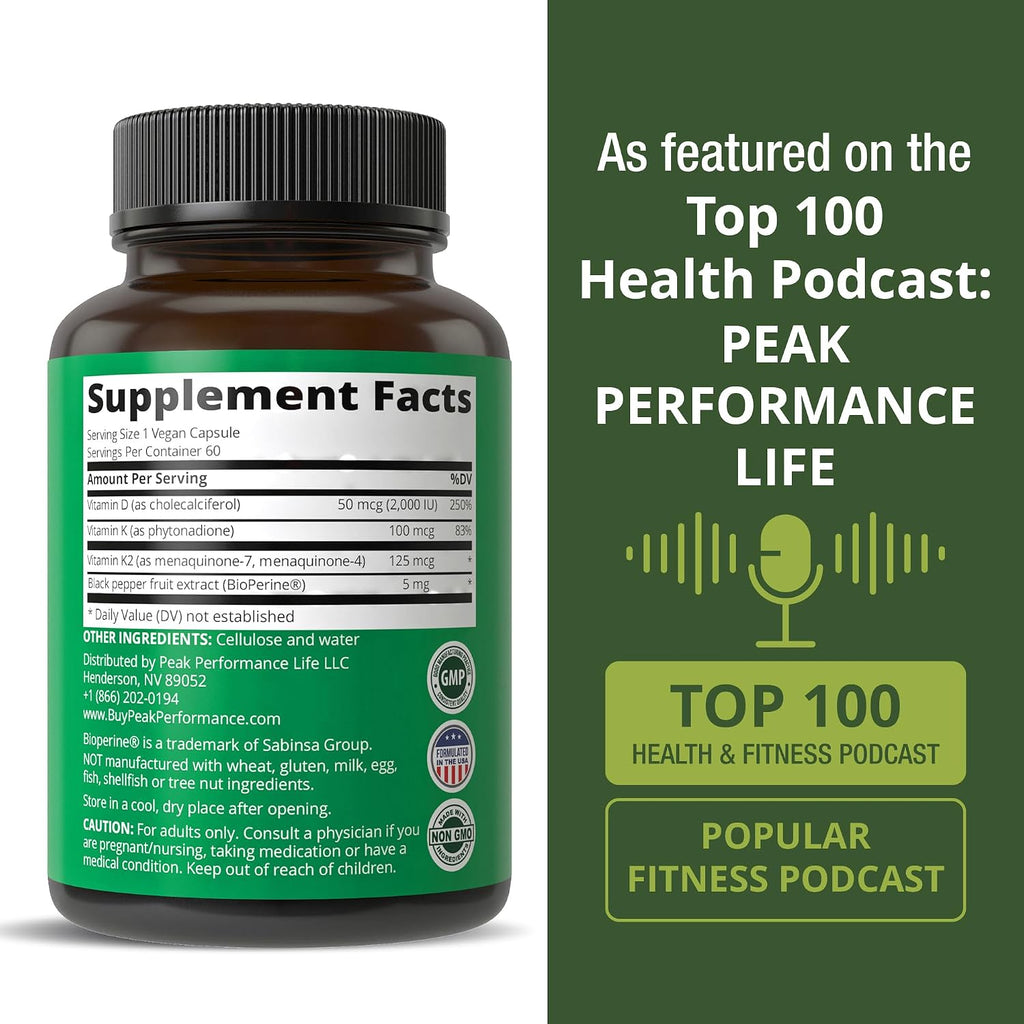 Peak Performance Advanced Vitamin D 2000 IU con Vitamina K1, K2 MK-7 y MK4 - 60 Cápsulas