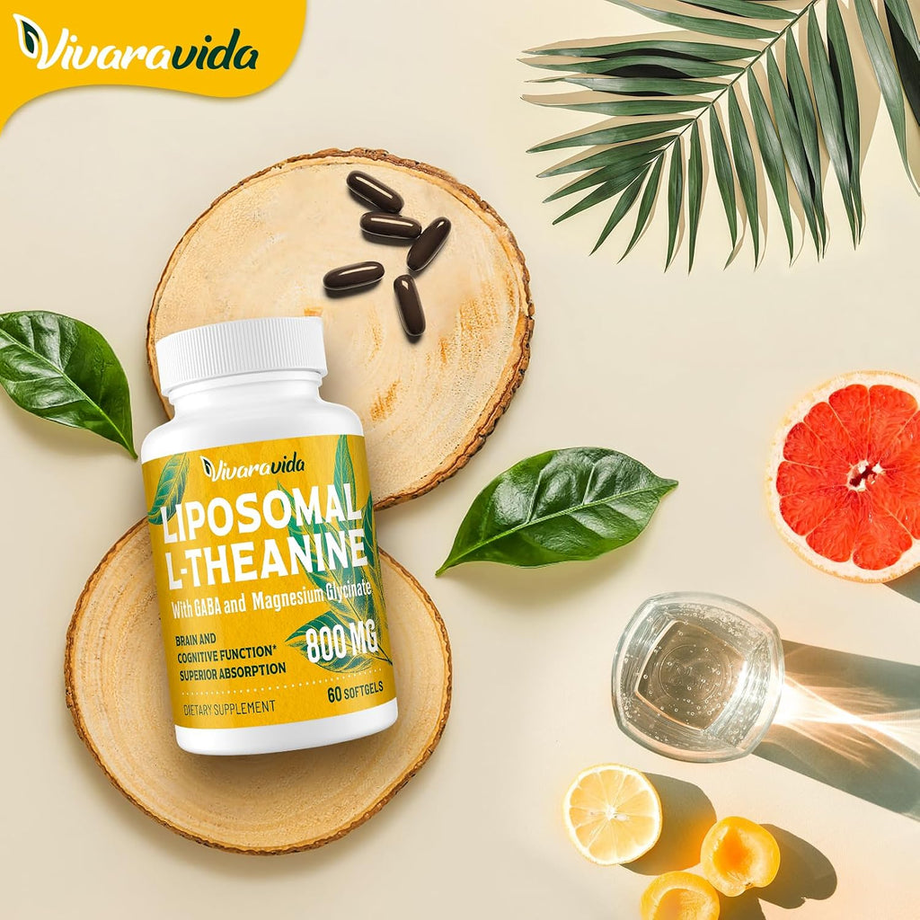 Vivaravida L-Theanina 800mg con GABA y Glicinato de Magnesio - Compuesto Natural para el Sueño y la Relajación (60 Cápsulas Blandas)