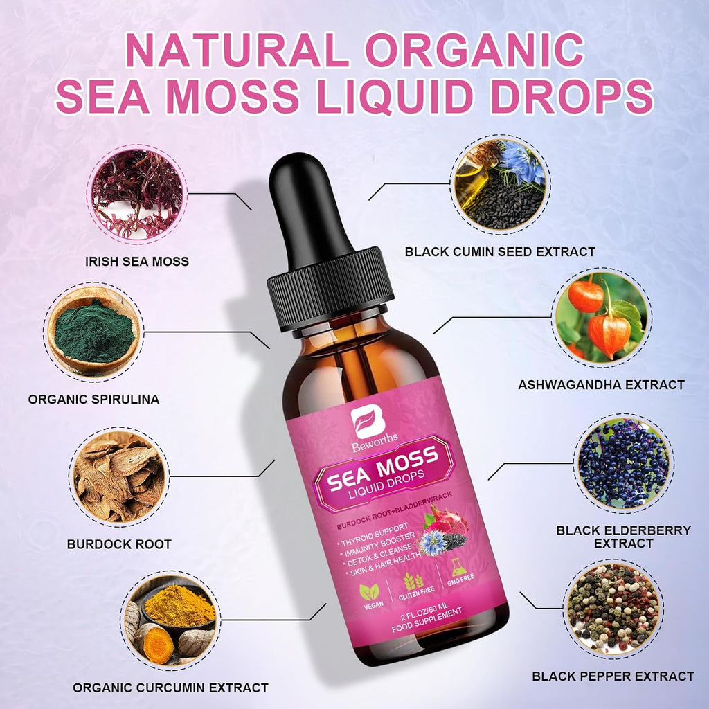 Sea Moss Liquid Drops - Aceite de Semilla Negra y Musgo Irlandés con Bardana, Vejiga de Mar, Saúco, Espirulina - 118 ml - Vegano