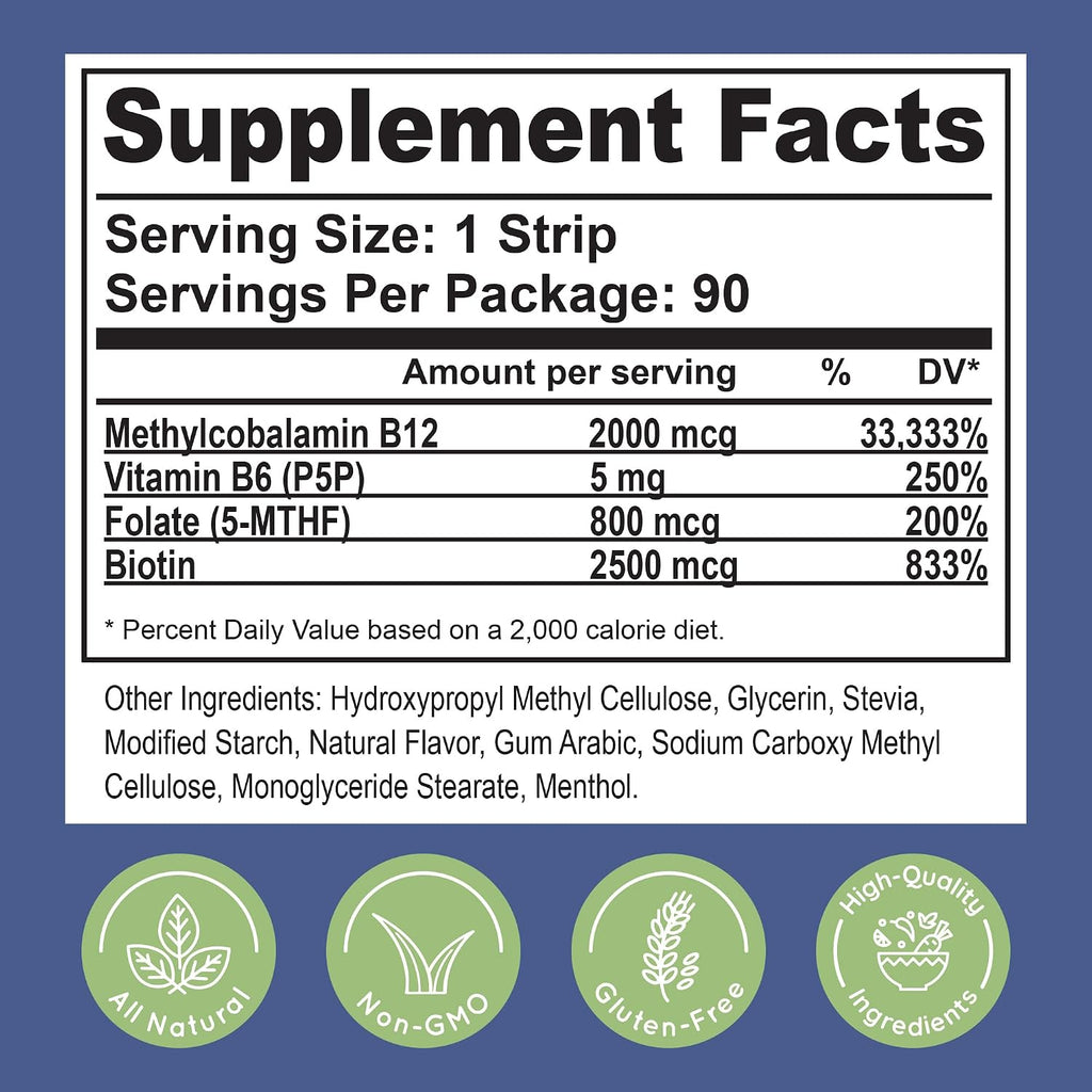 Essential Source Vitamina B12 Metilcobalamina 2000 mcg - Tiras Sublinguales con Biotina, B6 y Folato - 90 Tiras