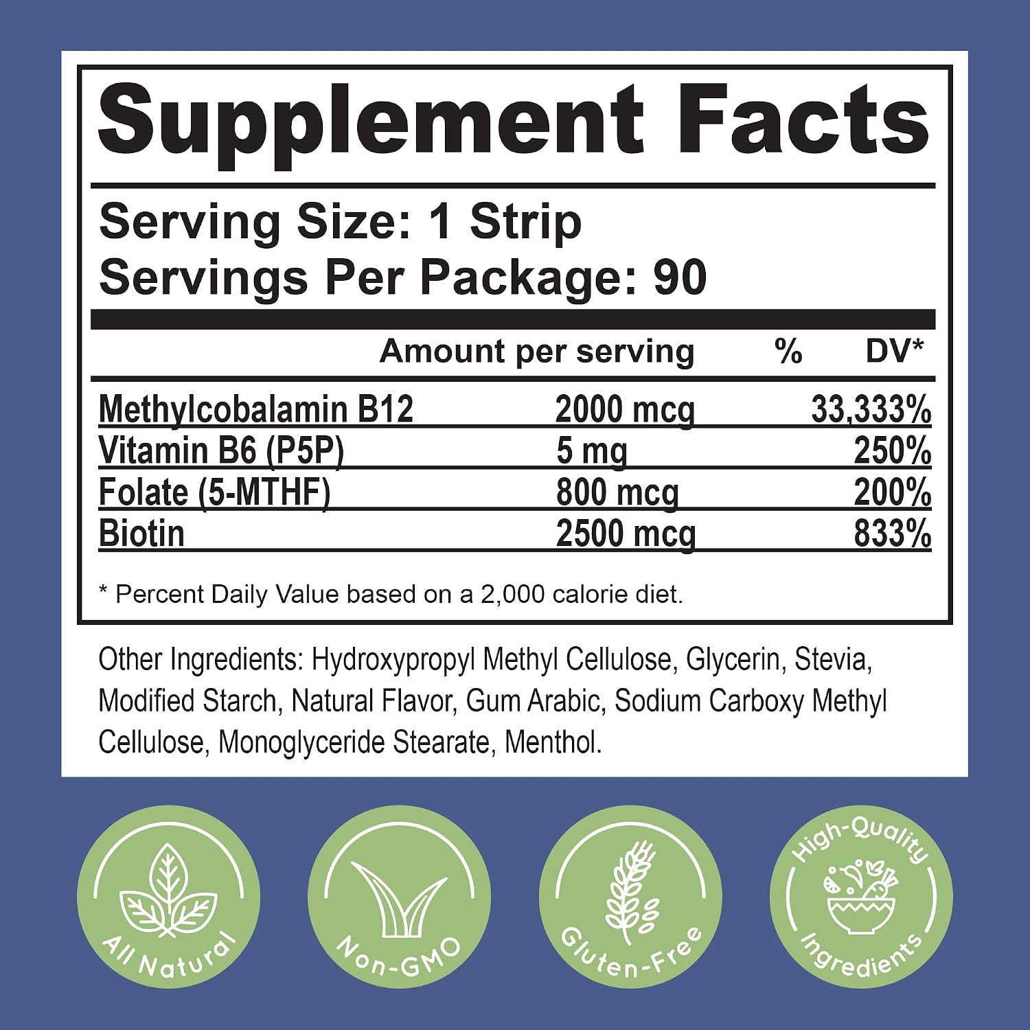 Essential Source Vitamina B12 Metilcobalamina 2000 mcg - Tiras Sublinguales con Biotina, B6 y Folato - 90 Tiras