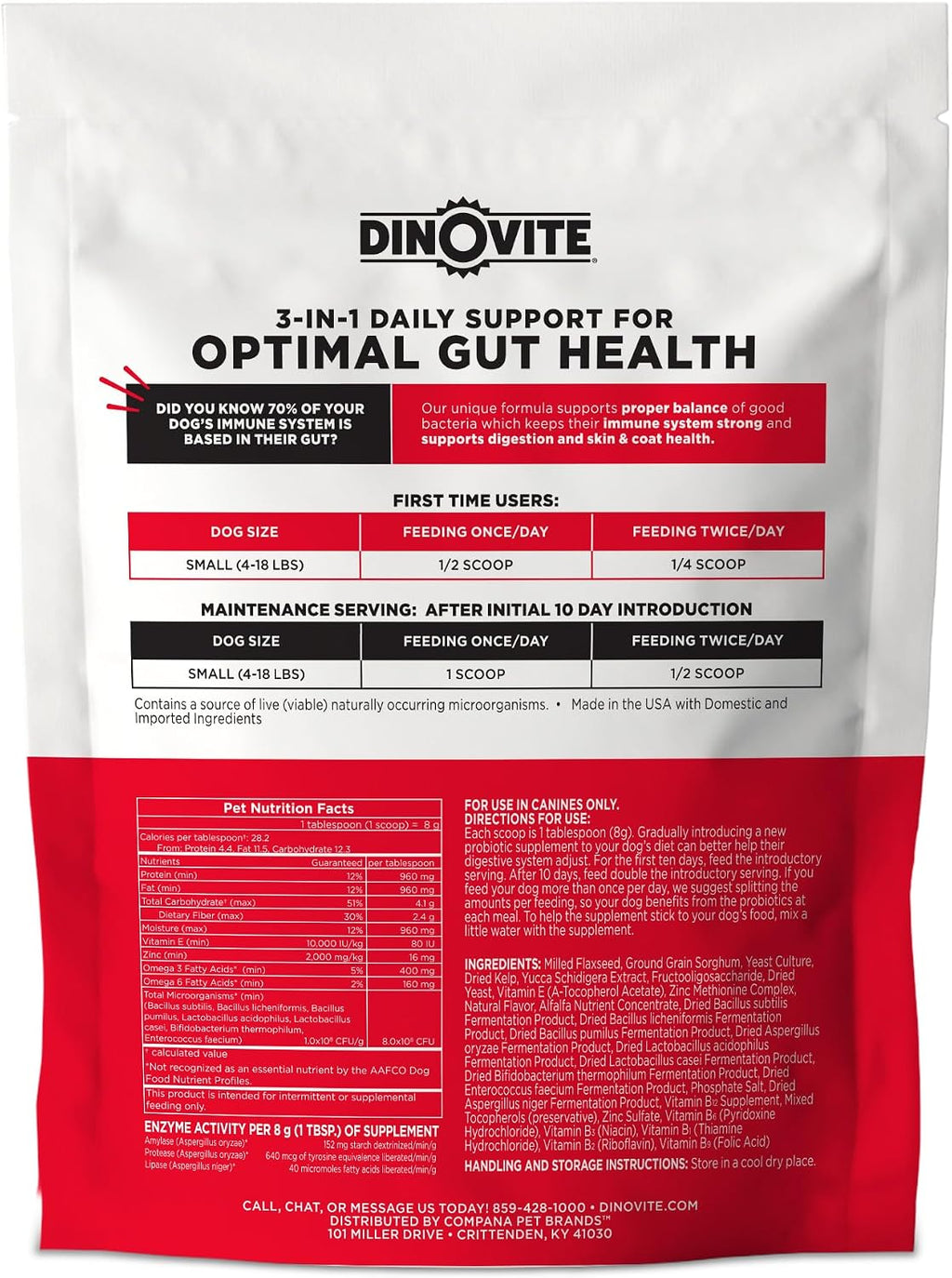 Dinovite Probióticos para Perros, Polvo Probiótico para Perros Pequeños (1-18 lb), Salud Digestiva y Piel con Omega-3, 30 Porciones
