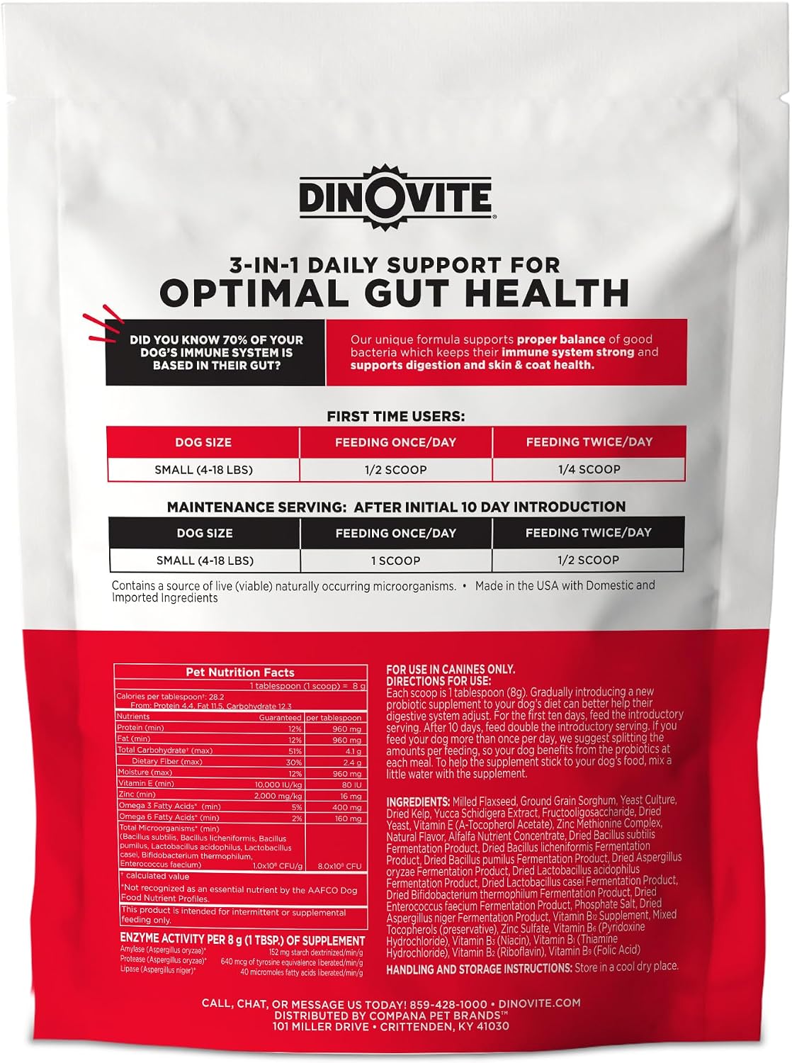 Dinovite Probióticos para Perros, Polvo Probiótico para Perros Pequeños (1-18 lb), Salud Digestiva y Piel con Omega-3, 30 Porciones