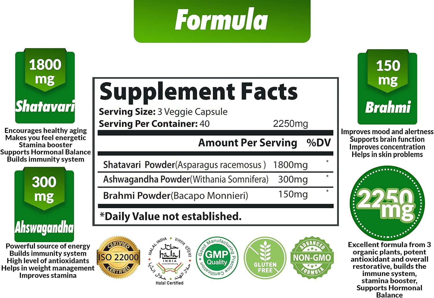 Cona Nature Organic Shatavari Powder Capsules 2250 mg con Ashwagandha y Brahmi | Apoyo a la salud femenina, 120 cápsulas veganas