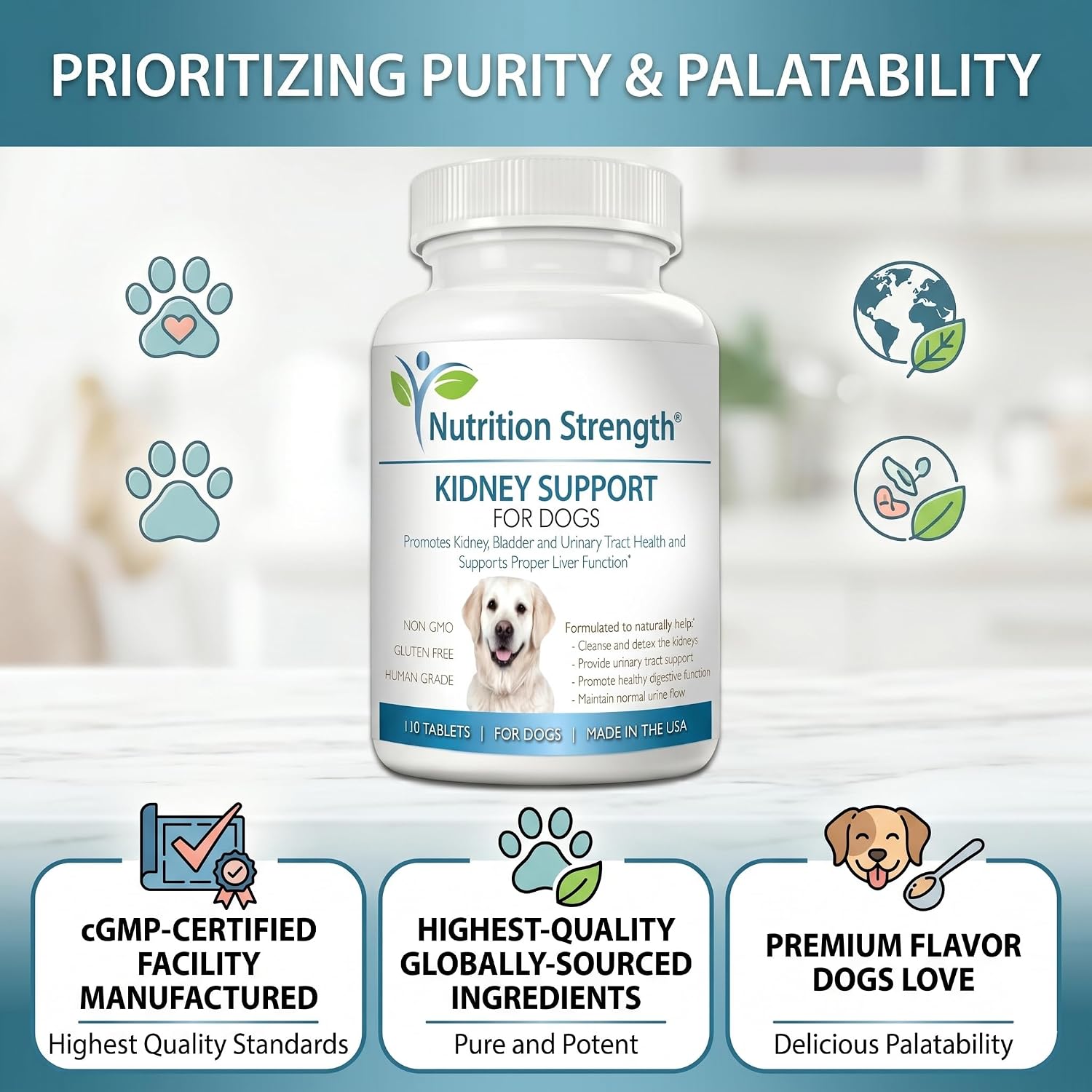 Nutrition Strength Kidney Support for Dogs - Apoyo Renal, Vejiga y Tracto Urinario, con Arándano Rojo Orgánico y Astrágalo, 120 Comprimidos Masticables