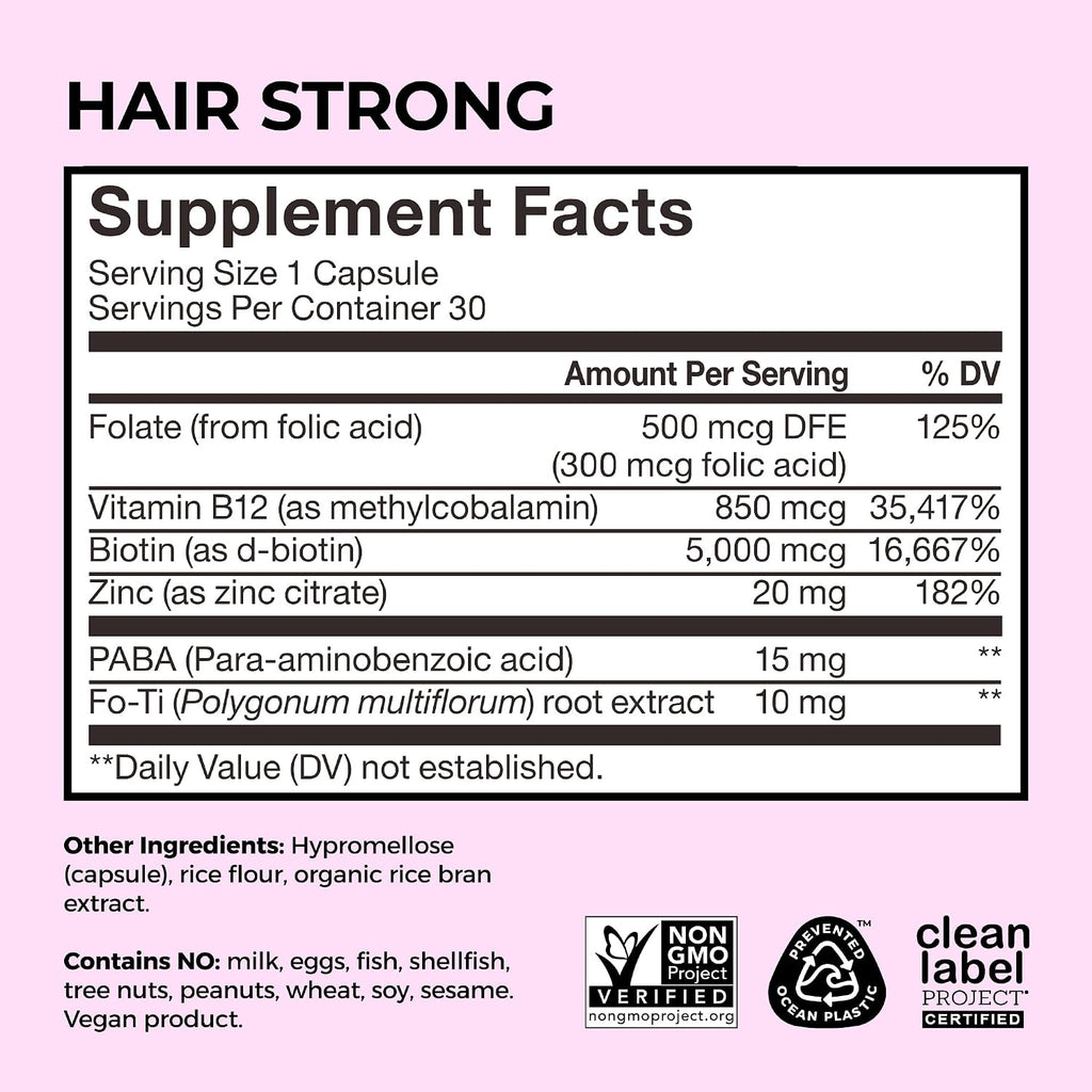 HUM Hair Strong - Suplemento para el Cabello con Biotina, Zinc y Vitaminas B12, 30 Cápsulas Veganas