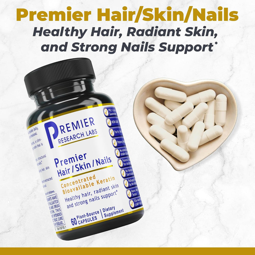Premier Research Labs Complemento para Cabello, Piel y Uñas con Queratina, Calcio y Magnesio - 60 Cápsulas Vegetarianas