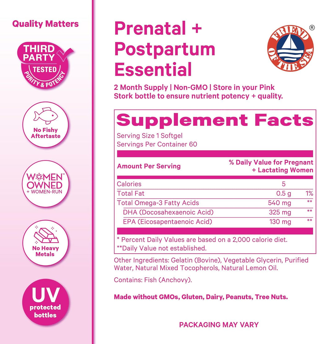 Pink Stork Omega-3 DHA - 540 mg de Aceite de Pescado con DHA y EPA, Suplemento Prenatal y Postparto para la Salud Cognitiva y el Desarrollo Fetal - 60 Cápsulas Blandas