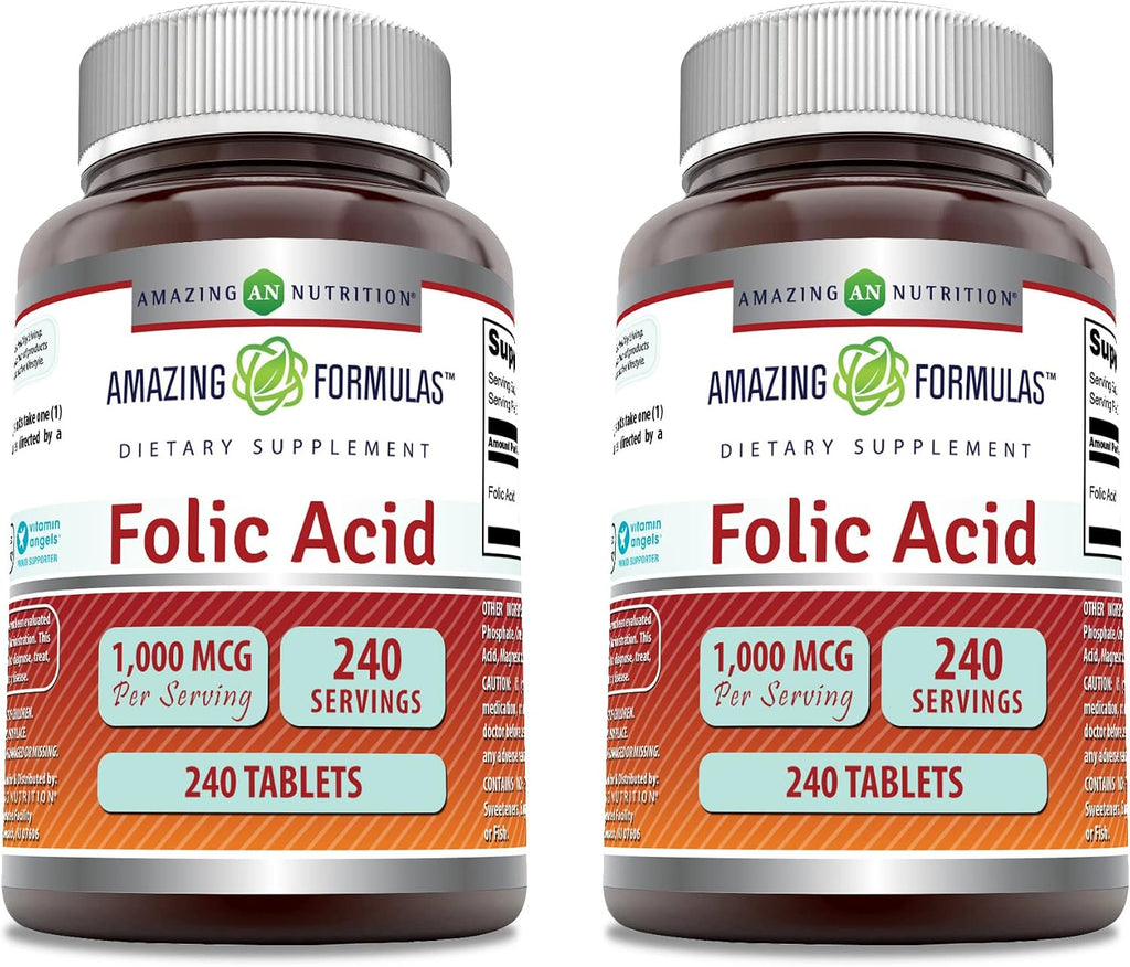 Amazing Formulas Ácido Fólico 1000 mcg (1 mg) - 240 Comprimidos (2 Envases) - Complemento Alimenticio con Vitamina B9 - No Transgénico, Sin Gluten