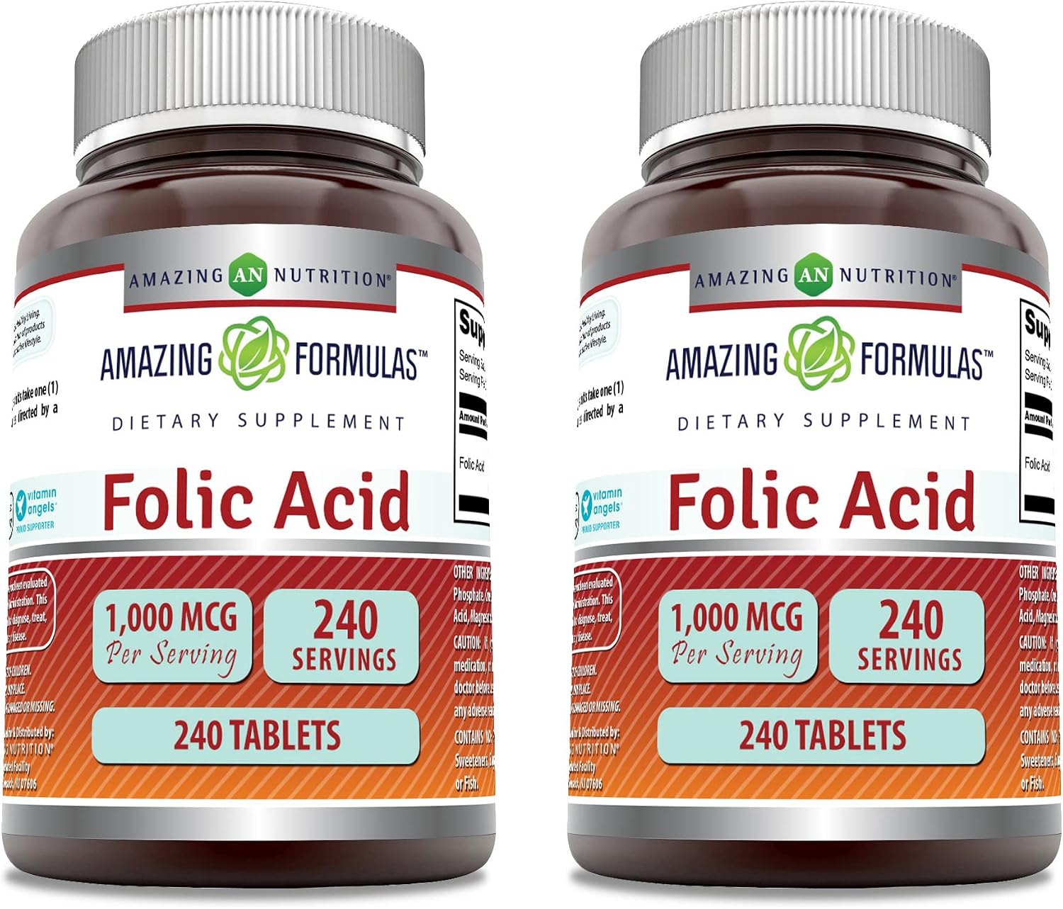 Amazing Formulas Ácido Fólico 1000 mcg (1 mg) - 240 Comprimidos (2 Envases) - Complemento Alimenticio con Vitamina B9 - No Transgénico, Sin Gluten