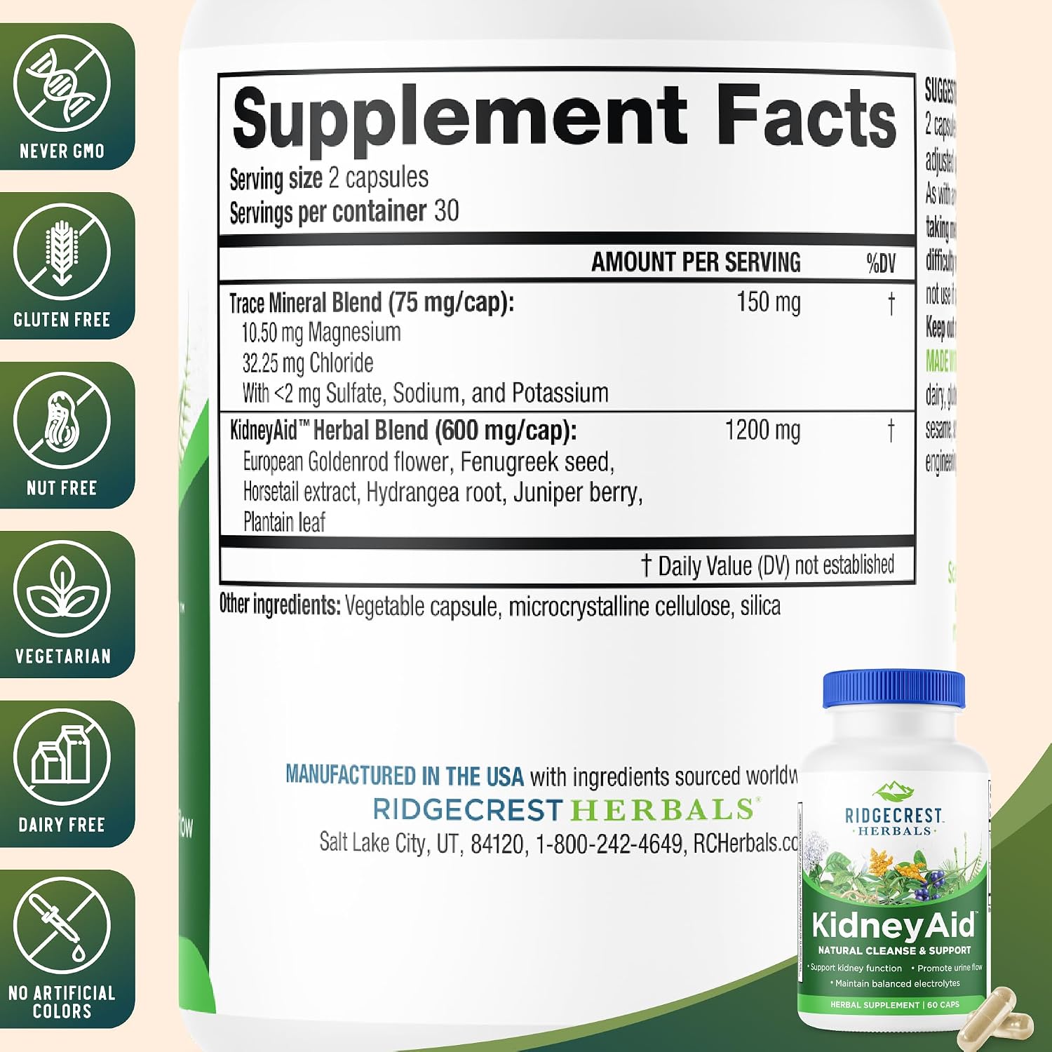 Ridgecrest Herbals KidneyAid - Suplemento de apoyo renal (60 cápsulas)