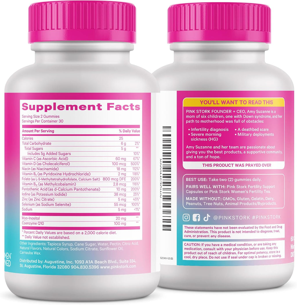 Pink Stork Gominolas de Fertilidad para Mujeres | CoQ10, Myo-Inositol, Folato Metilado | Apoyo para el Equilibrio Hormonal y la Función Ovárica | 60 Gominolas