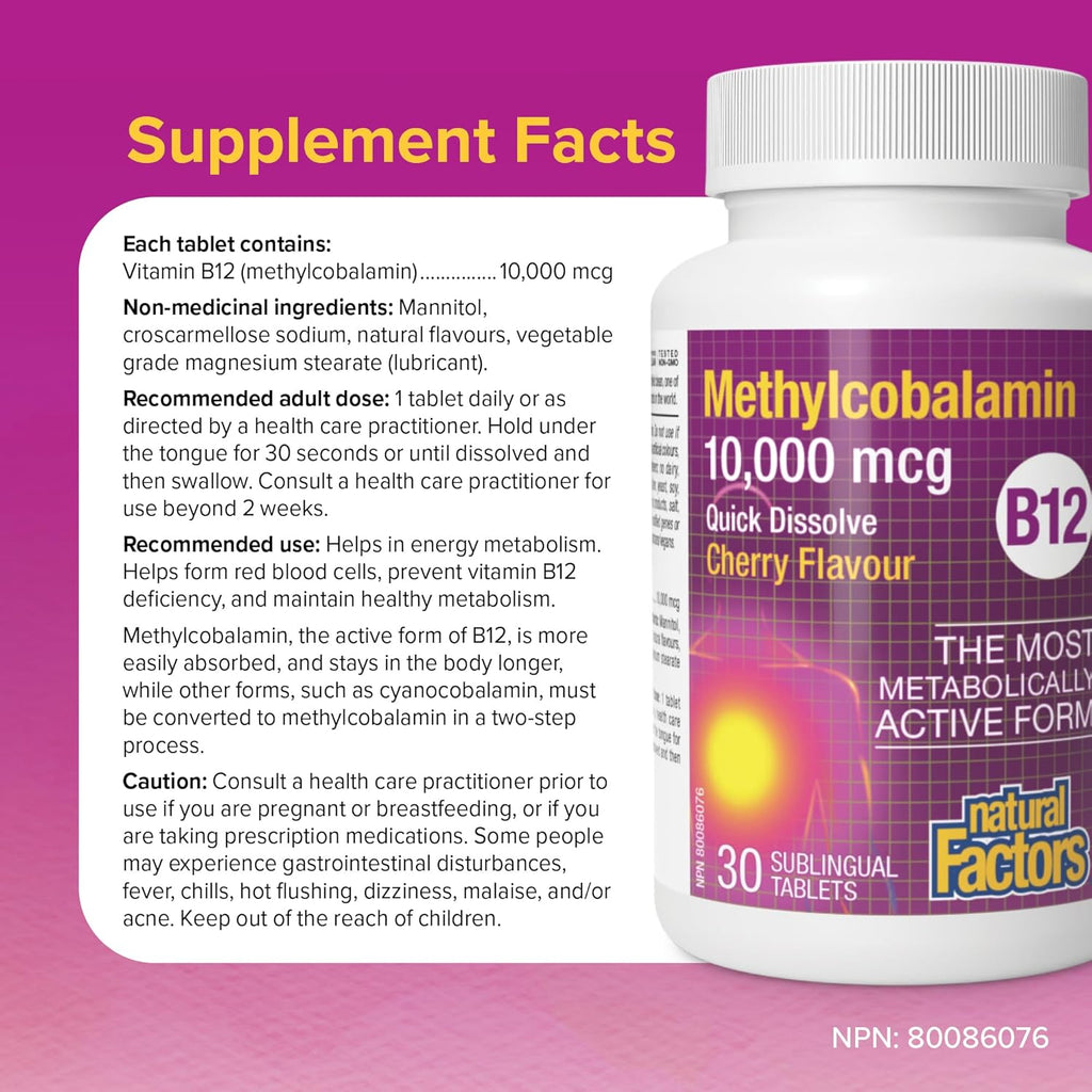 Natural Factors Methylcobalamin 10.000 mcg - Vitamina B12 metabólicamente activa - 30 comprimidos masticables