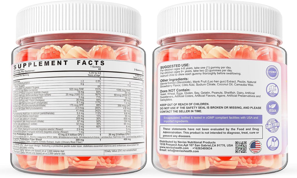 Neviss Multivitamínico Infantil en Gominolas + Calcio, Probióticos, Vitamina D3, C, B12 Metilada y Metilfolato - 60 Gominolas