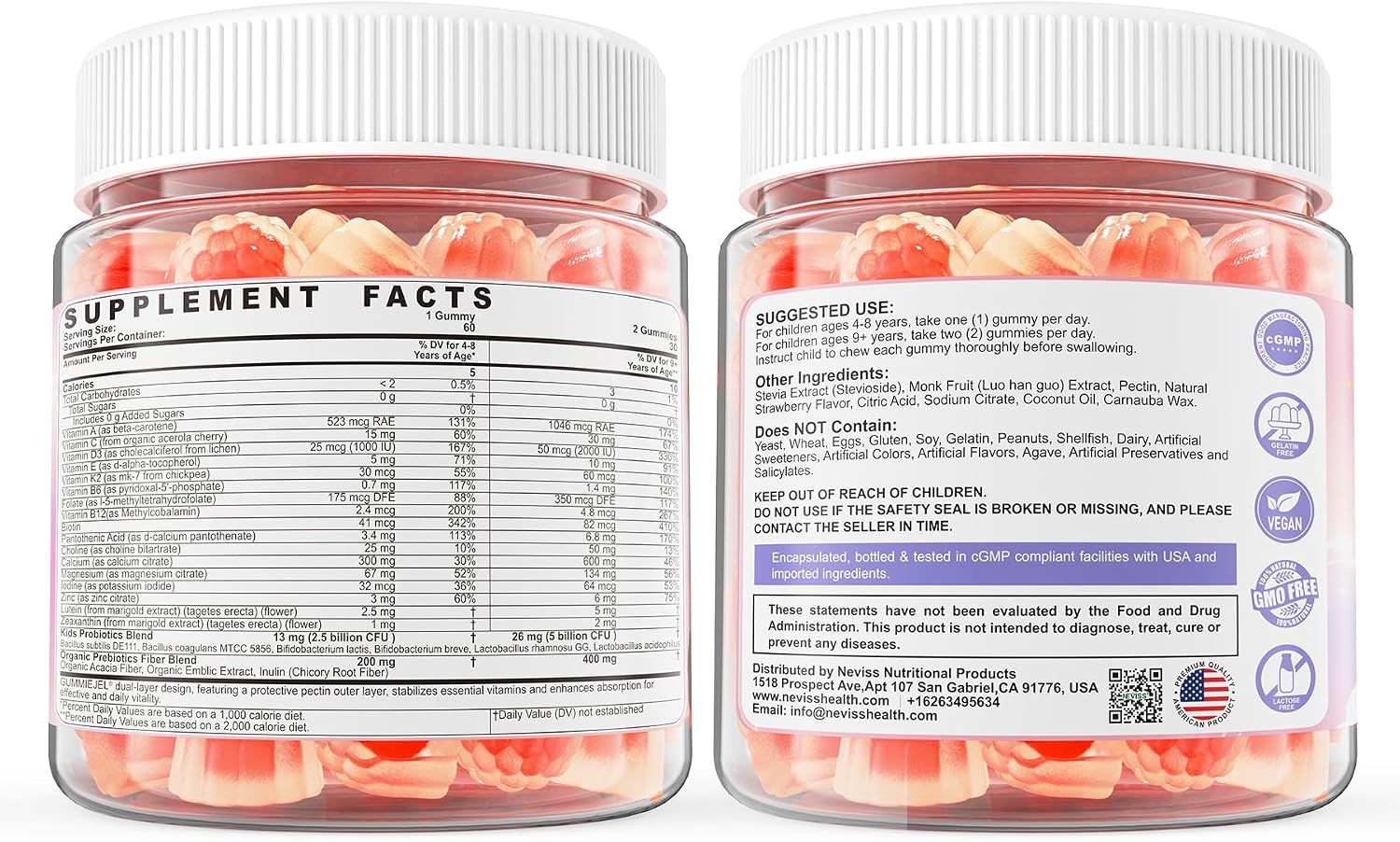 Neviss Multivitamínico Infantil en Gominolas + Calcio, Probióticos, Vitamina D3, C, B12 Metilada y Metilfolato - 60 Gominolas