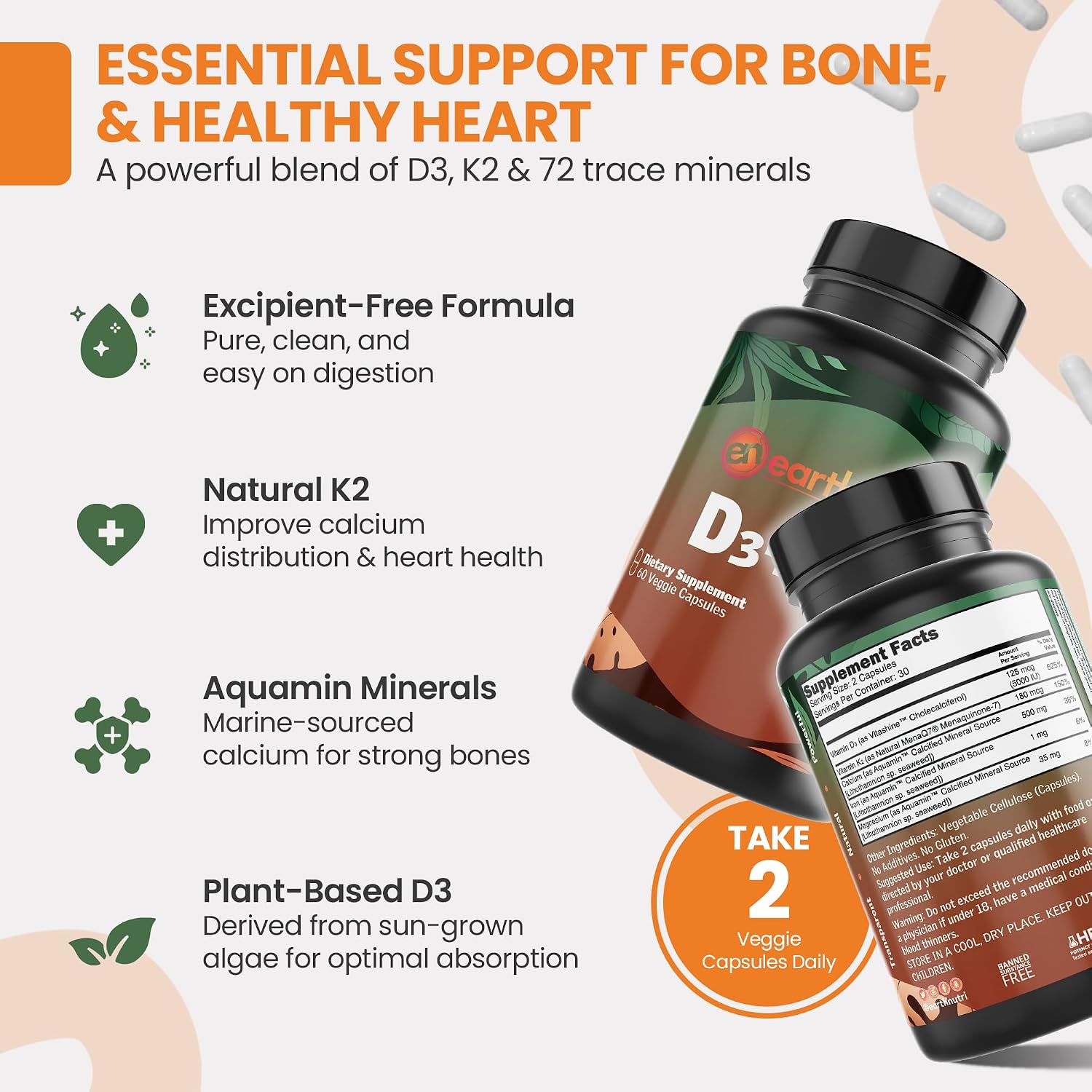 EarthNutri Vitamina D3 + K2 5000 UI con MenaQ7 y Aquamin, 60 Cápsulas