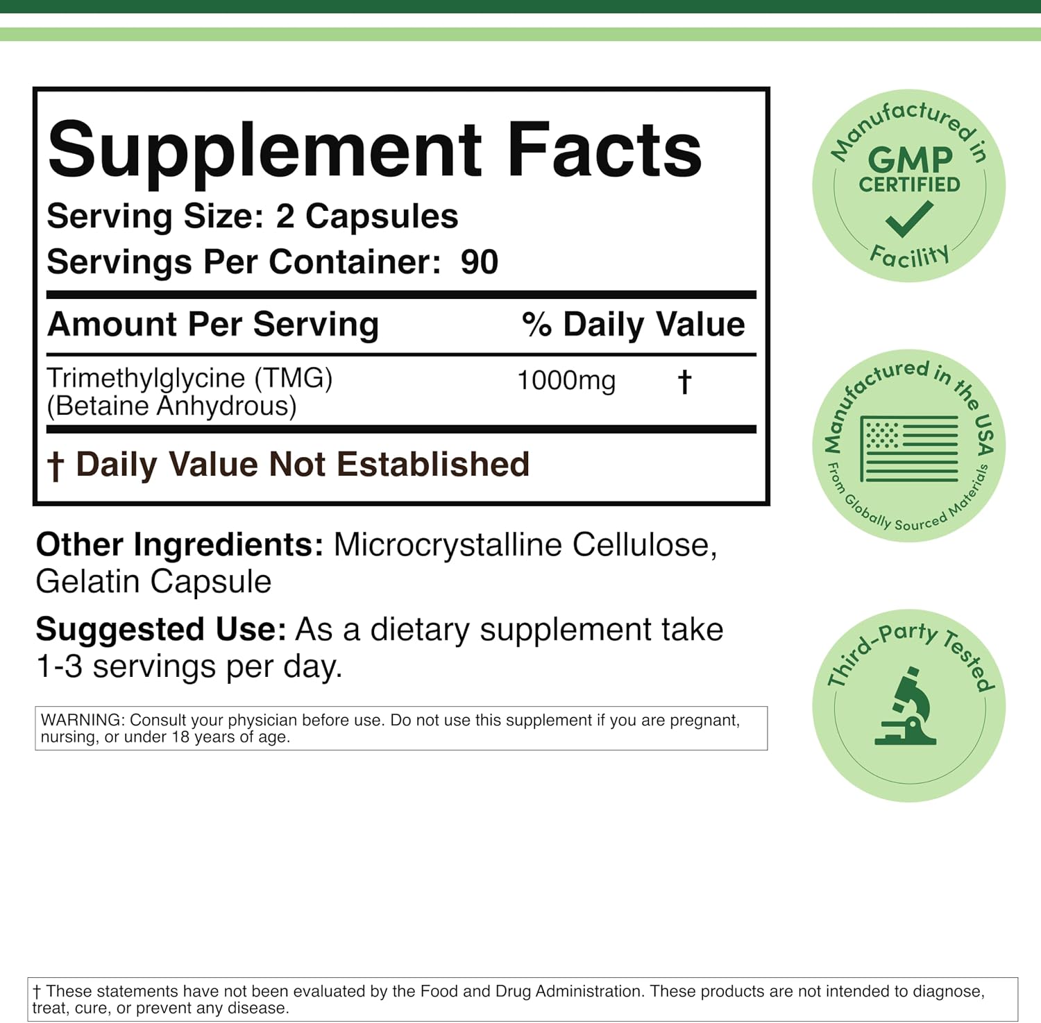 Double Wood Supplements TMG Trimethylglycina - 99%+ Pureza - 1000mg, 180 Cápsulas