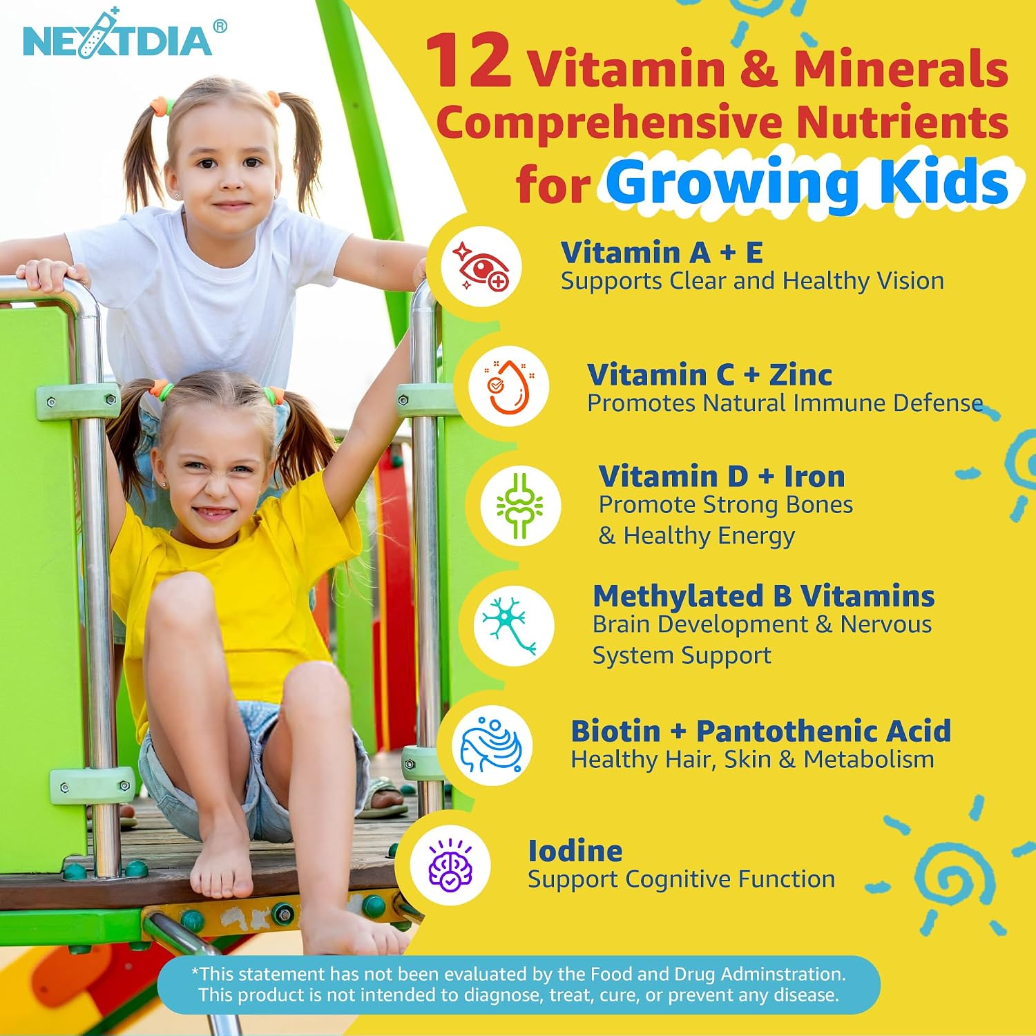 (2 Pack) Multivitamínico Infantil con Hierro, Sin Azúcar, Gomitas con Omega-3, Probióticos, Vitaminas A, C, D, B12, Zinc - Nextdia