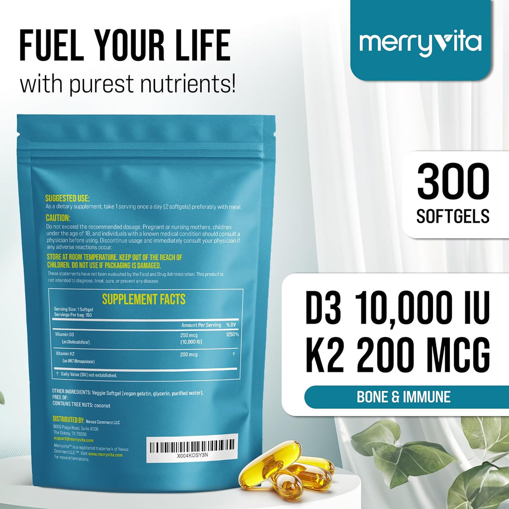 MERRY VITA Vitamina D3 K2 10000 UI + 200 mcg MK7 - 300 Cápsulas Blandas Veganas