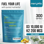 MERRY VITA Vitamina D3 K2 10000 UI + 200 mcg MK7 - 300 Cápsulas Blandas Veganas