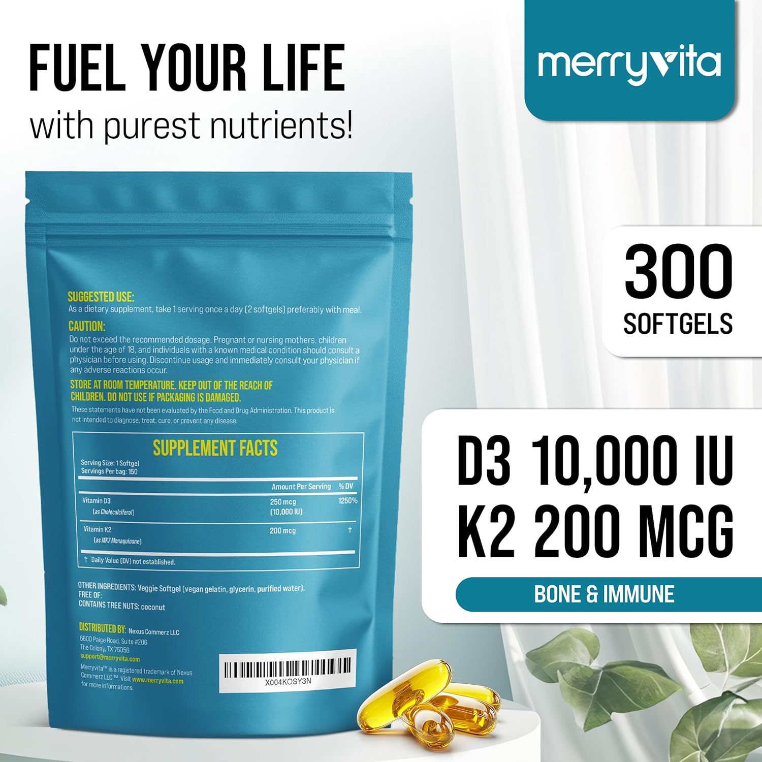 MERRY VITA Vitamina D3 K2 10000 UI + 200 mcg MK7 - 300 Cápsulas Blandas Veganas
