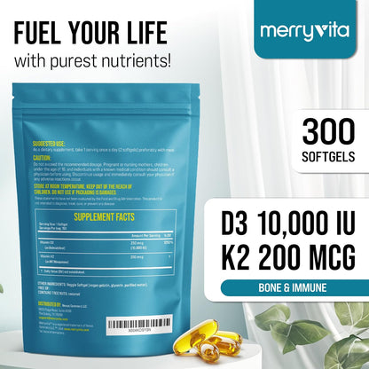 MERRY VITA Vitamina D3 K2 10000 UI + 200 mcg MK7 - 300 Cápsulas Blandas Veganas