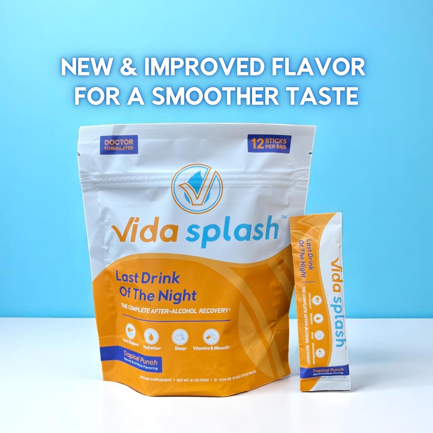 Vida Splash After-Alcohol Recovery Drink Mix, Tropical Punch, 12 Sticks