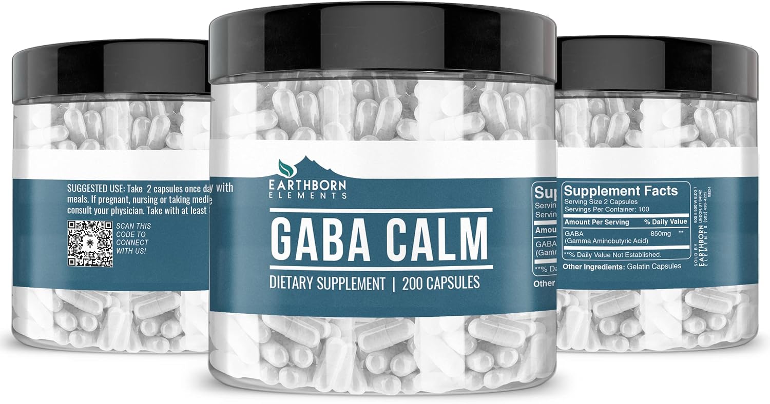 Earthborn Elements GABA (Ácido Gamma-Aminobutírico) 200 Cápsulas, Puro y Sin Aditivos