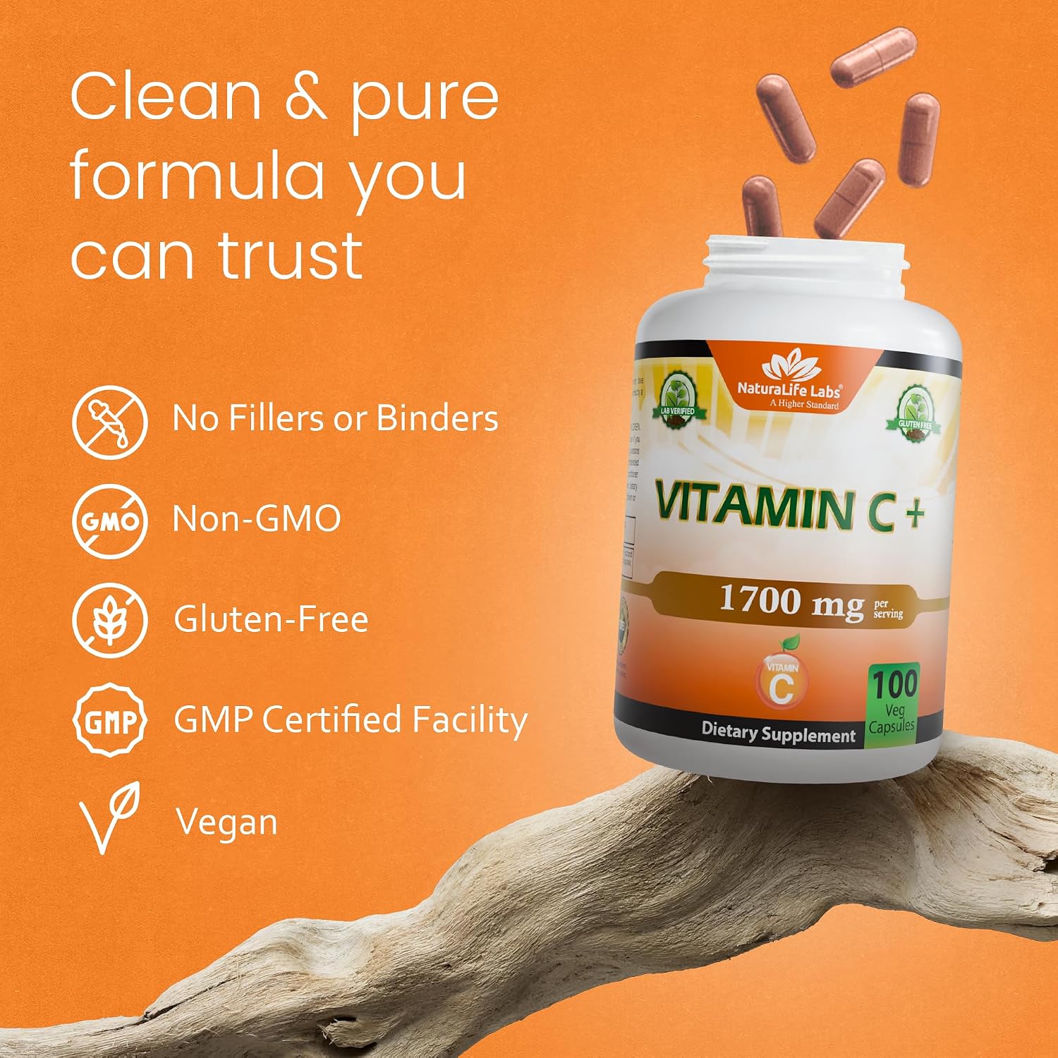 NaturaLife Labs Vitamina C con Vitamina D3, Zinc, Saúco y Jengibre – 1.700 mg por ración – 100 Cápsulas Veganas