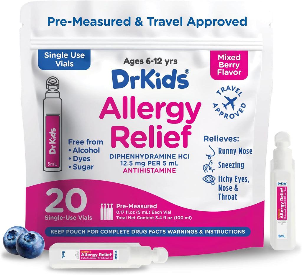 Dr. Kids Medicina Infantil para Alergias, Sabor Bayas Mixtas, 20 Viales Premedidos con Difenhidramina 12.5 mg