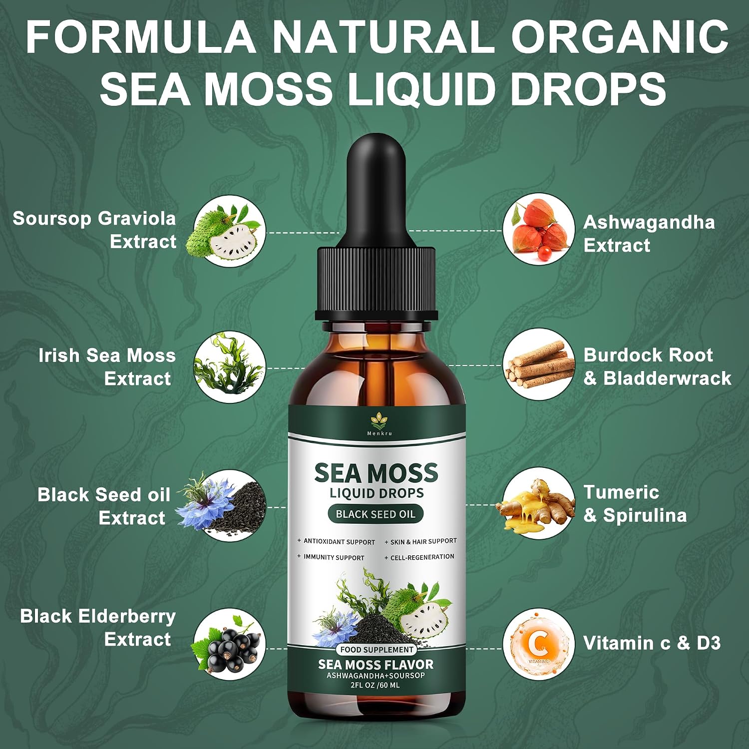 (2 Pack) Gotas Líquidas de Sea Moss con Aceite de Nigella, Soursop y Algas Irish Moss
