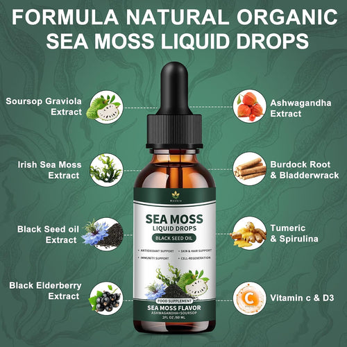 (2 Pack) Gotas Líquidas de Sea Moss con Aceite de Nigella, Soursop y Algas Irish Moss