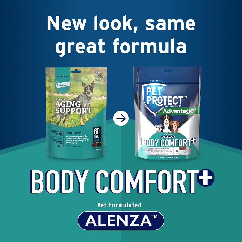 Pet Protect Suplemento Body Comfort+ para Perros, Formulado por Veterinarios con Alenza, Apoya la Respuesta Inflamatoria Normal, Snacks Blandos Sabor a Pollo (120 Unidades)