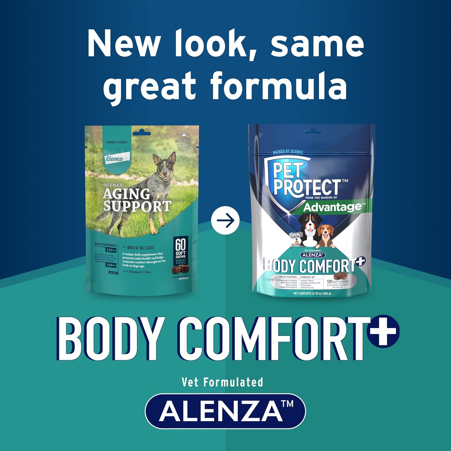 Pet Protect Suplemento Body Comfort+ para Perros, Formulado por Veterinarios con Alenza, Apoya la Respuesta Inflamatoria Normal, Snacks Blandos Sabor a Pollo (120 Unidades)